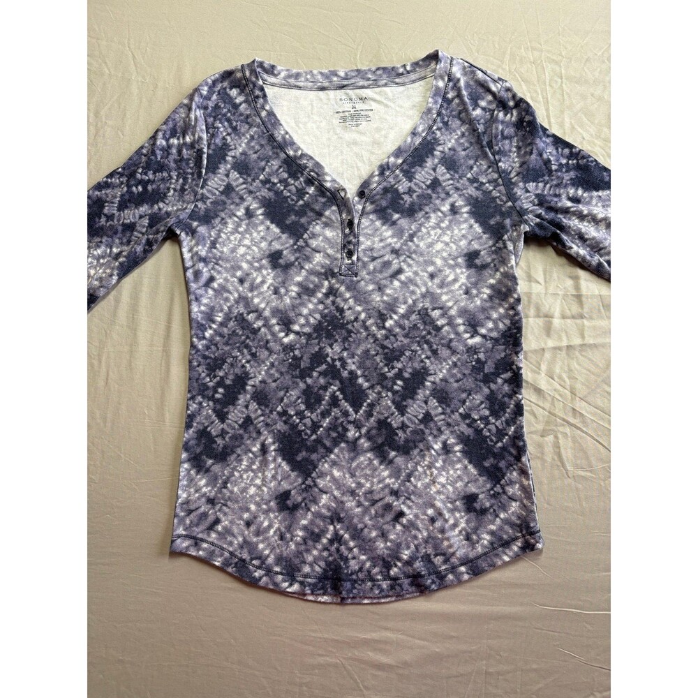 Sonoma Life + Style Blue Acid Wash Vneck 3/4 Sleeve Blouse size medium